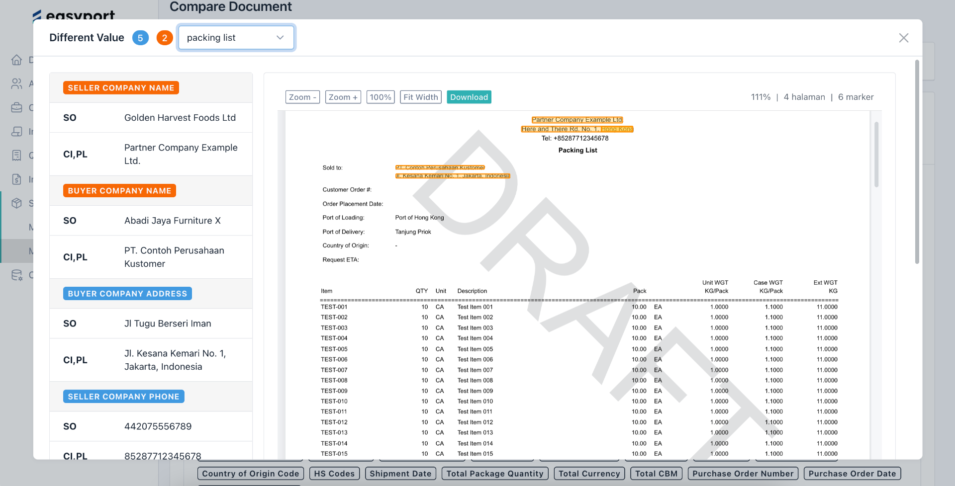 Easyport document comparison interface highlighting differences across shipping documents