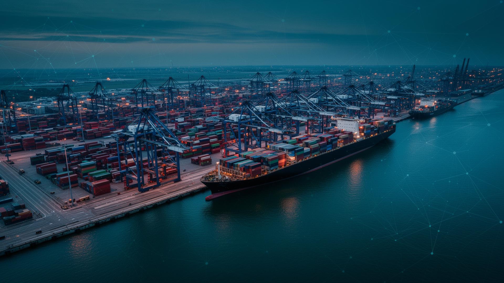 Aerial view of a global container port at dusk
